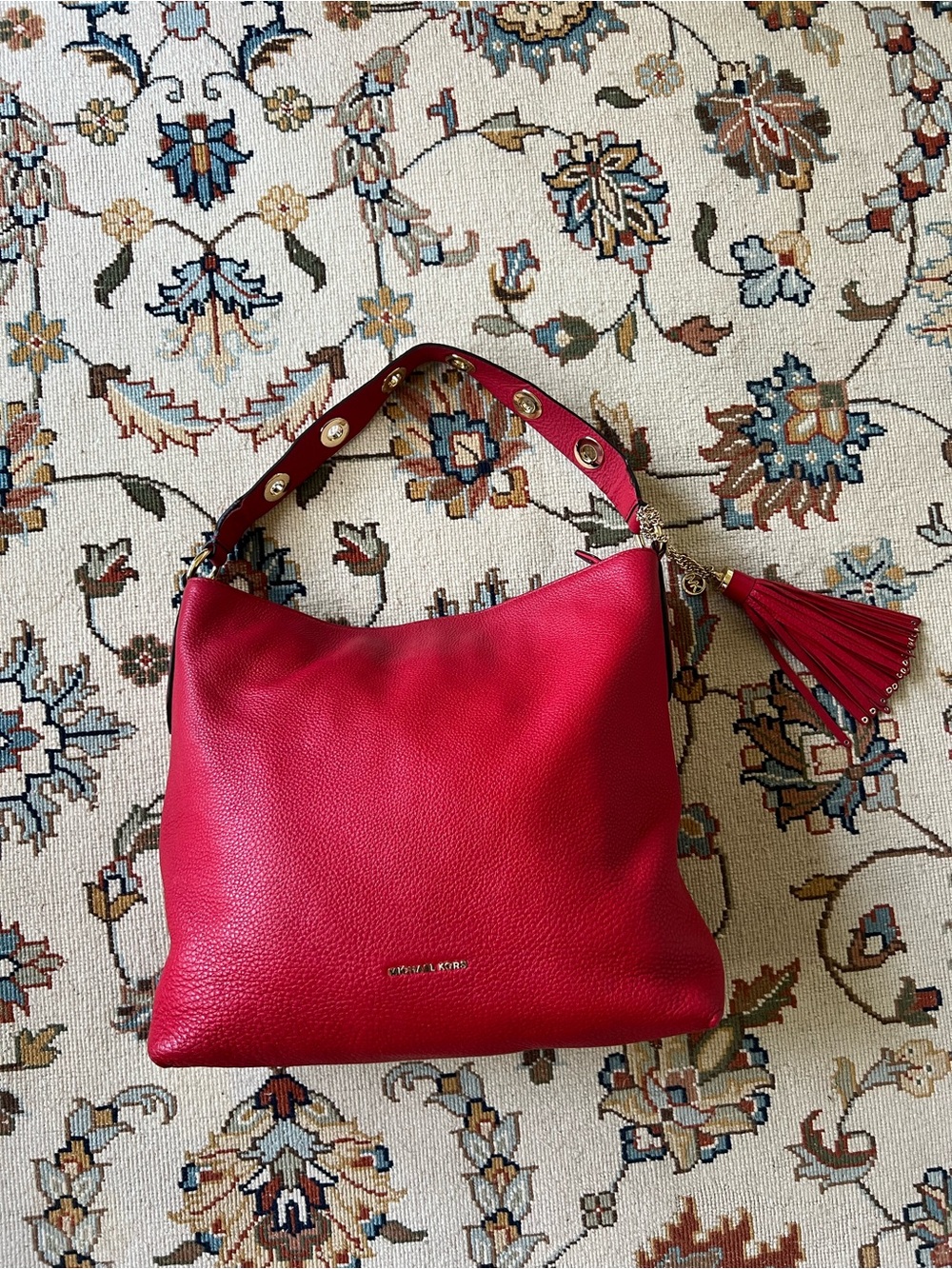 Michael Kors Red Pebbled Leather Hobo with Tassel